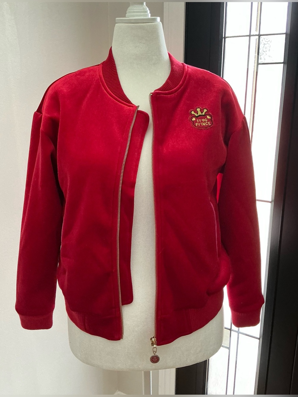 Red Elf Sack Mixed Media Bomber Jacket Cropped Size Medium